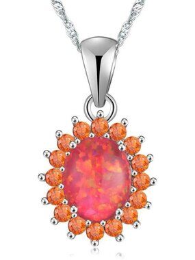 Stunning Opal Flower & Oval Pendant Necklace - Gemstone Jewelry for Women
